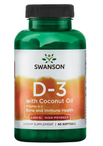 Swanson Witamina D-3 2000 IU z olejem z kokosowym, 60 kapsułek