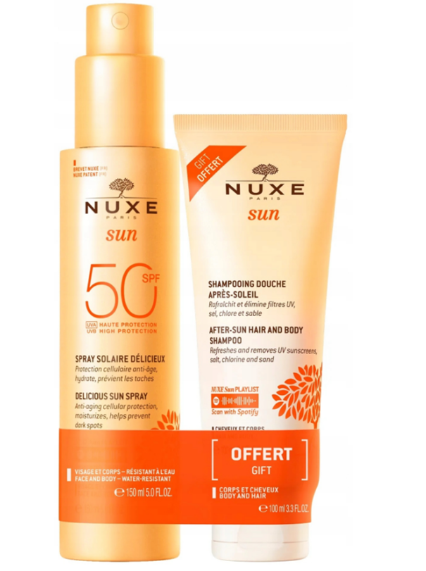NUXE Sun, zestaw: mleczko do opalania twarzy SPF 50, 150 ml + szampon, 100 ml