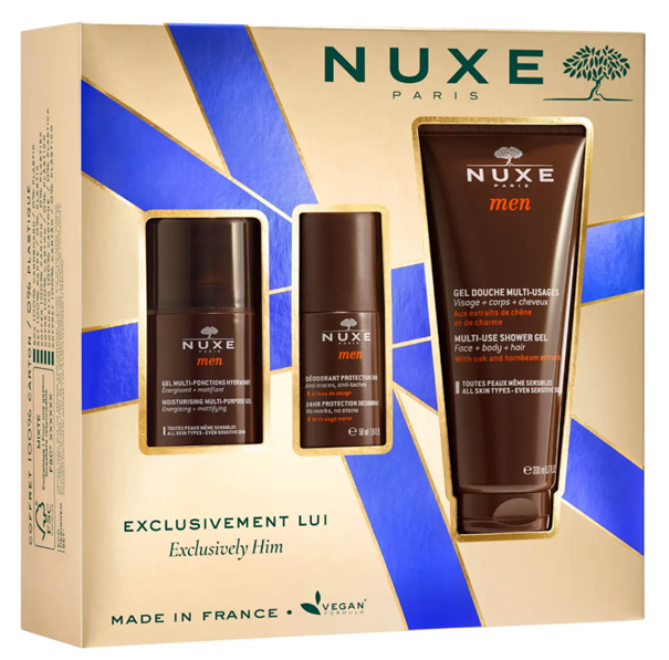 NUXE Men, zestaw: żel do twarzy 50ml + antyperspirant roll-on, 50ml + żel pod prysznic, 200ml