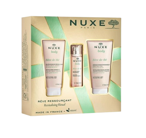 NUXE Body Reve de Thé Revitalising Ritual Zestaw, żel pod prysznic, 100ml + peeling do ciała, 150ml + woda zapachowa, 30ml