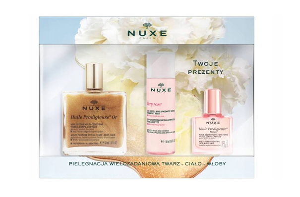 Nuxe Huile Prodigieuse Or , zestaw: suchy olejek z drobinkami, 50 ml + woda micelarna 3 w 1, 50 ml + suchy olejek, 10 ml