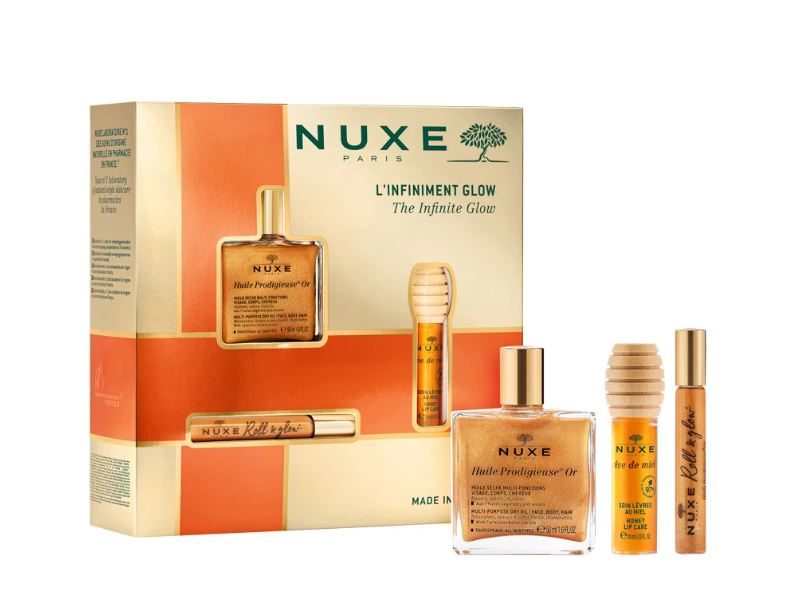 Nuxe Glow Huile Prodigieuse Or suchy olejek roll-on, 8 ml + suchy olejek ze złotymi drobinkami, 50 ml + miodowy olejek do ust, 10 ml