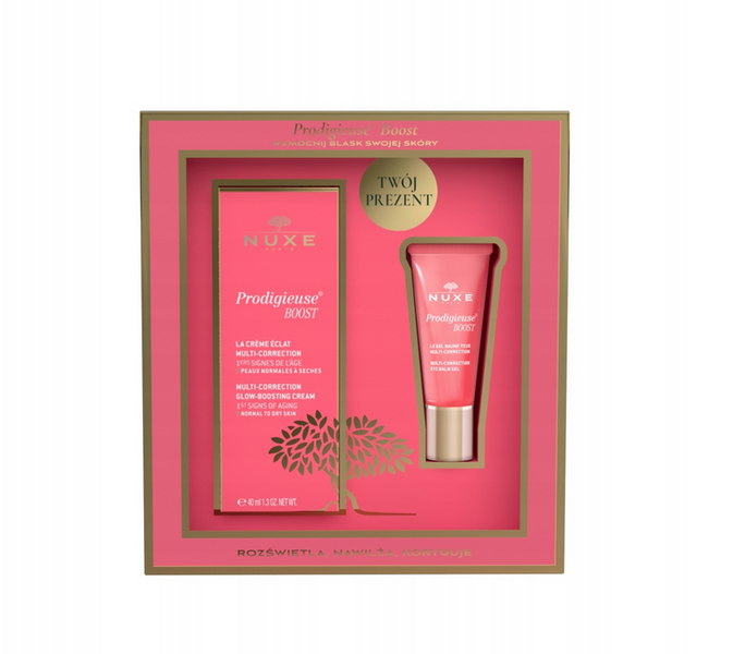 Nuxe Prodigieuse Boost, zestaw rozświetlający: krem do skóry suchej, 40 ml + żelowy balsam pod oczy, 15 ml