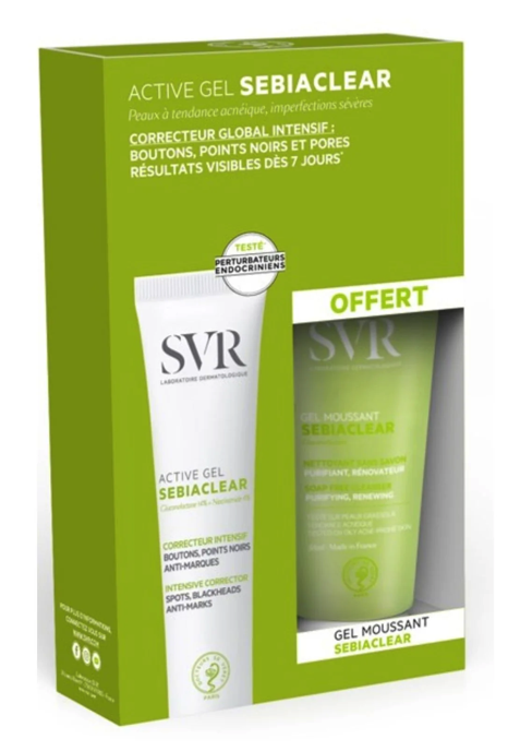 SVR SEBIACLEAR, aktywny żel redukujący, 40 ml + żel do mycia twarzy, 55 ml