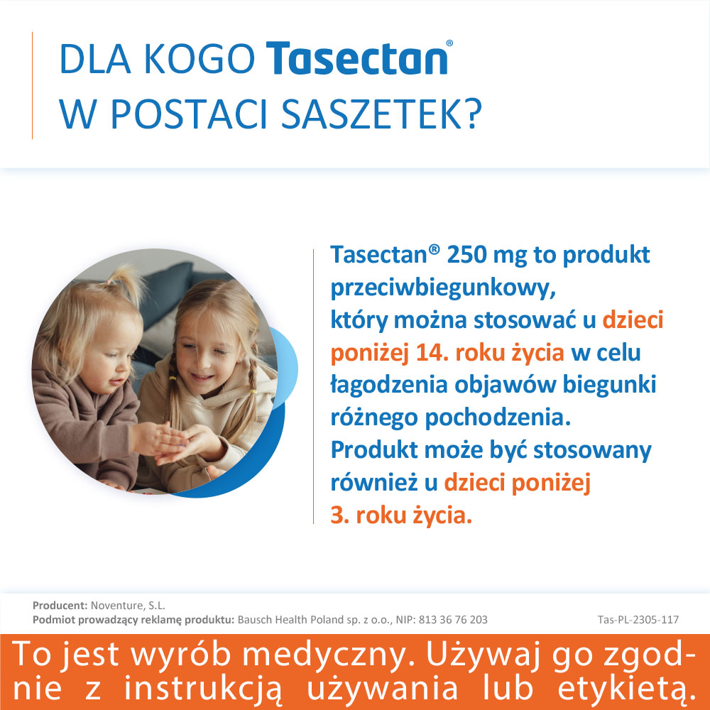 Tasectan 250 mg, proszek łagodzący objawy biegunki, 20 sasz.