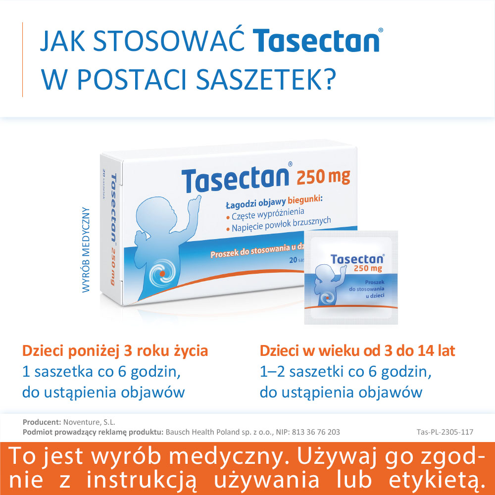 Tasectan 250 mg, proszek łagodzący objawy biegunki, 20 sasz.