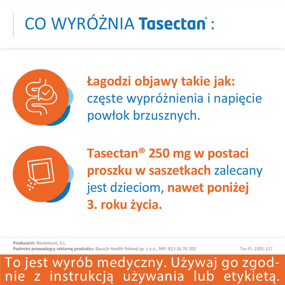 Tasectan 250 mg, proszek łagodzący objawy biegunki, 20 sasz.