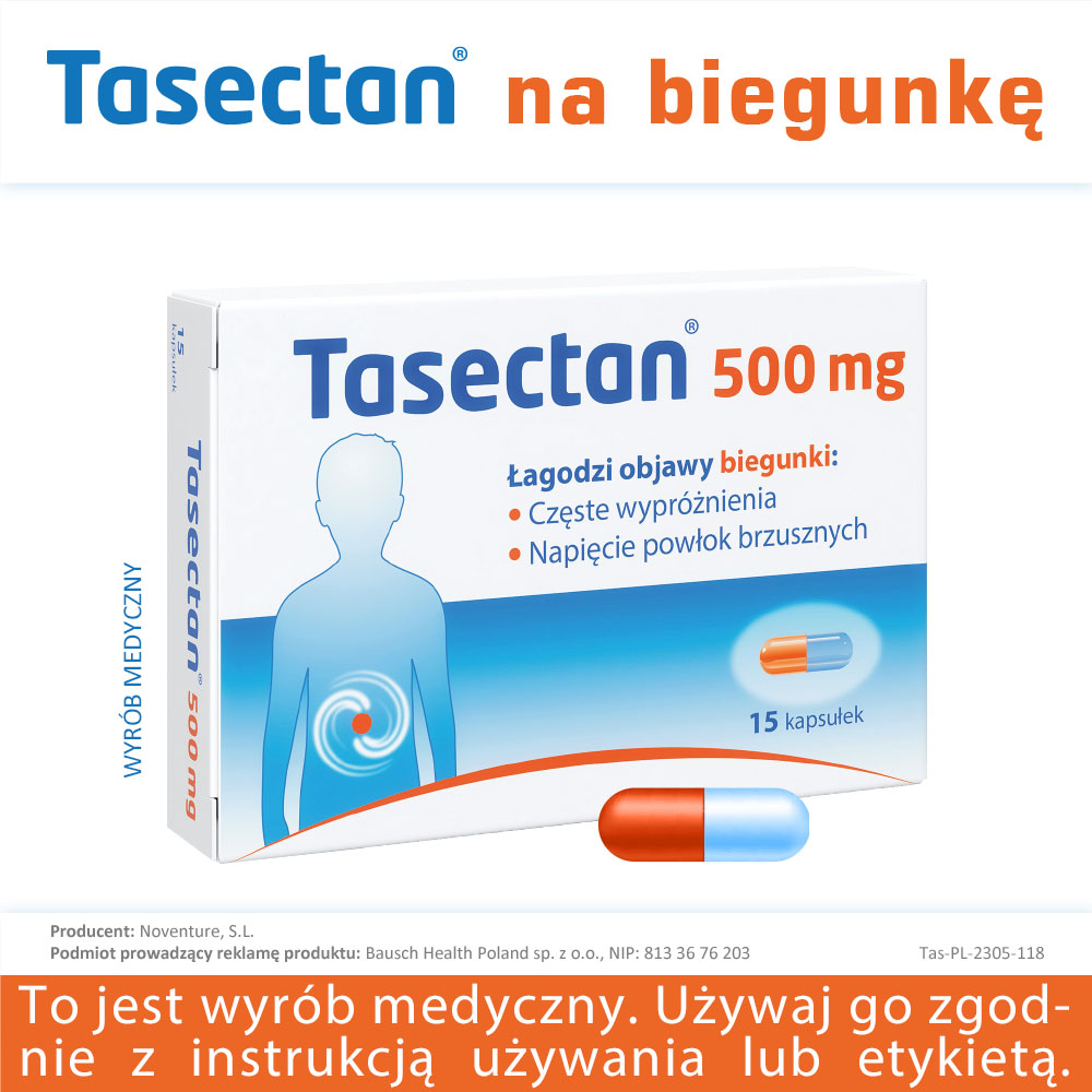 Tasectan 500 mg, kapsułki łagodzące objawy biegunki, 15 szt.