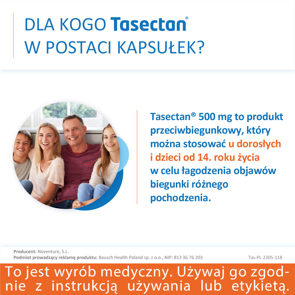 Tasectan 500 mg, kapsułki łagodzące objawy biegunki, 15 szt.