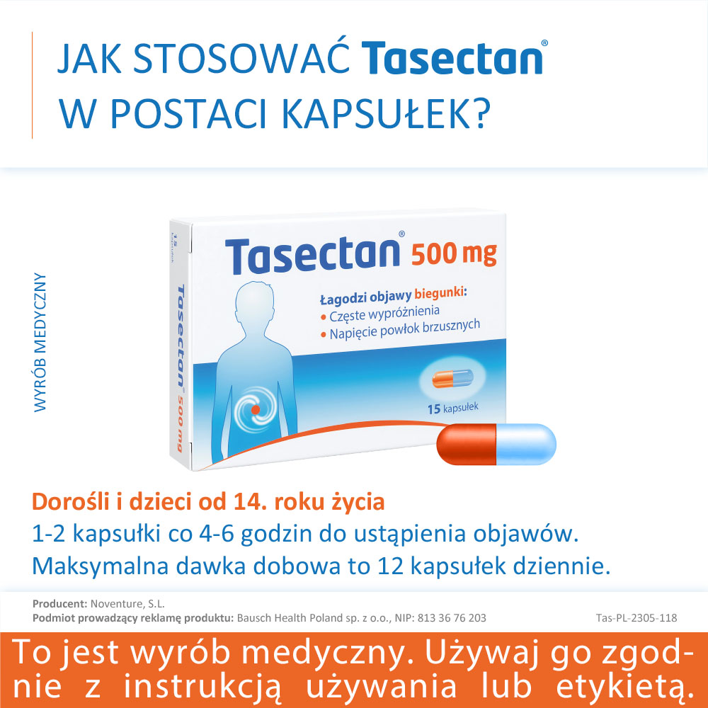 Tasectan 500 mg, kapsułki łagodzące objawy biegunki, 15 szt.