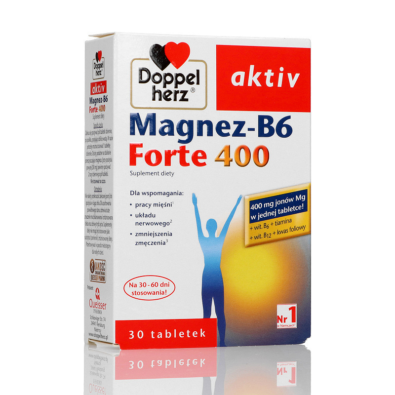 Doppelherz aktiv Magnez-B6 Forte 400, tabletki ze składnikami wspierającymi pracę umysłową i redukujące zmęczenie, 30 szt.