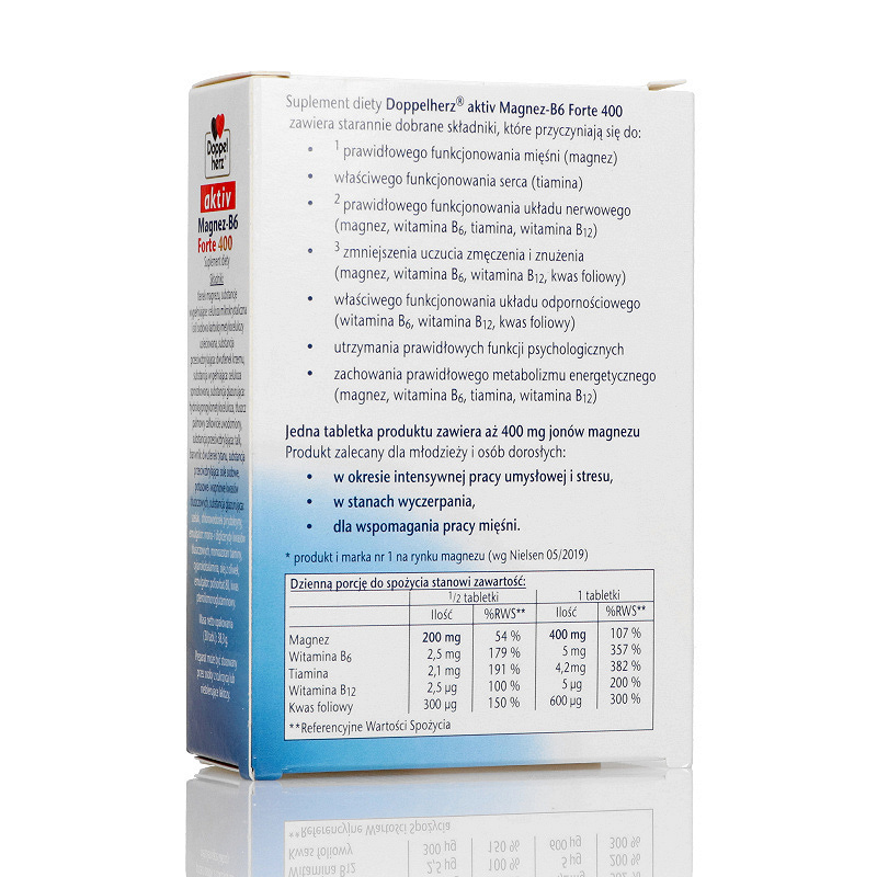 Doppelherz aktiv Magnez-B6 Forte 400, tabletki ze składnikami wspierającymi pracę umysłową i redukujące zmęczenie, 30 szt.