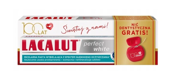 Lacalut Perfect White, pasta wybielająca, 75ml + nici