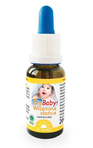 Dr.Jacobs Witamina słońca D3 Baby, krople ze składnikami wspierającymi odporność, zdrowe zęby i kości, 20 ml