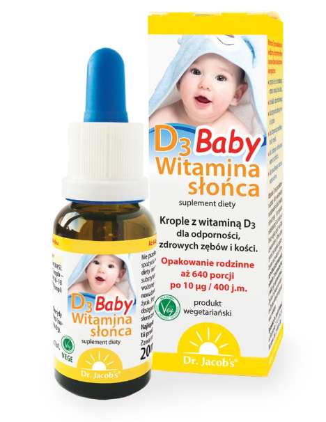 Dr.Jacobs Witamina słońca D3 Baby, krople ze składnikami wspierającymi odporność, zdrowe zęby i kości, 20 ml