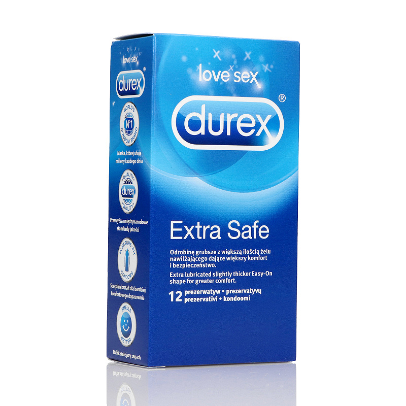 Durex Extra Safe, prezerwatywa odrobinę grubsza z większą ilością żelu nawilżającego, 12 szt.