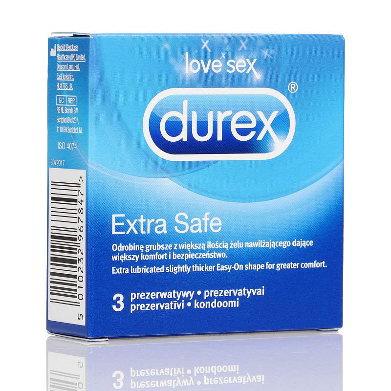 Durex Extra Safe, prezerwatywa odrobinę grubsza z większą ilością żelu nawilżającego, 3 szt.