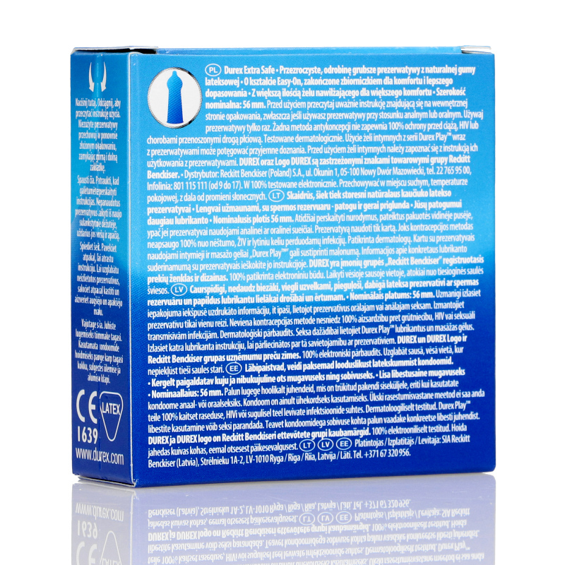Durex Extra Safe, prezerwatywa odrobinę grubsza z większą ilością żelu nawilżającego, 3 szt.