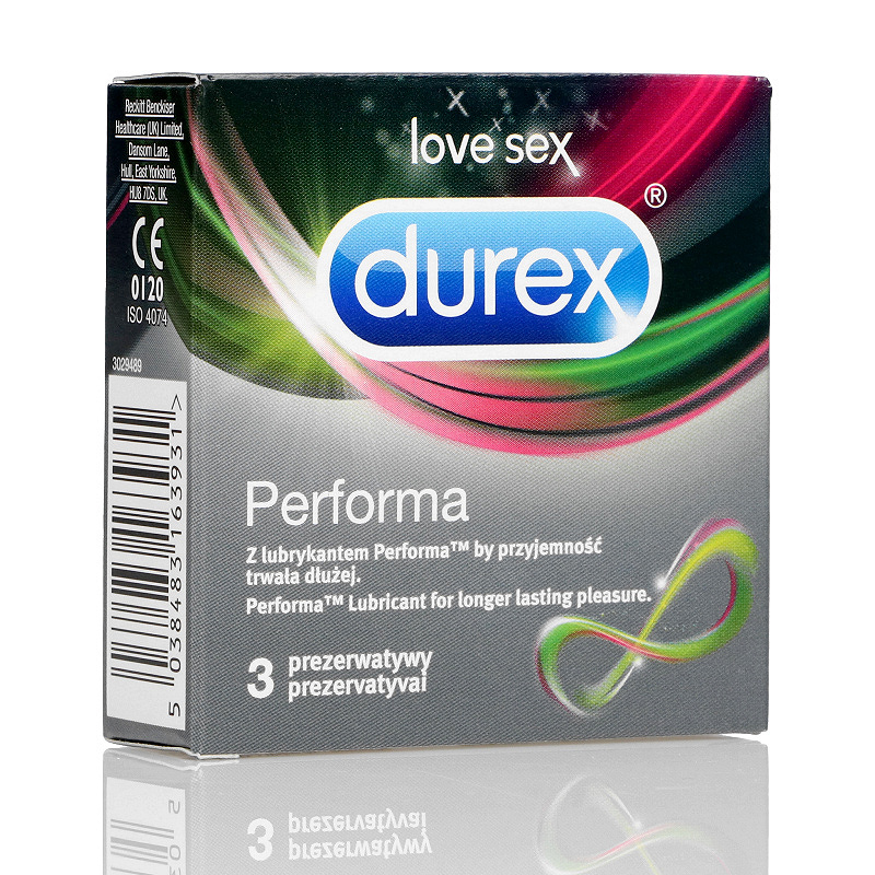 Durex Performa, prezerwatywa z lubrykantem przedłużającym stosunek, 3 szt.