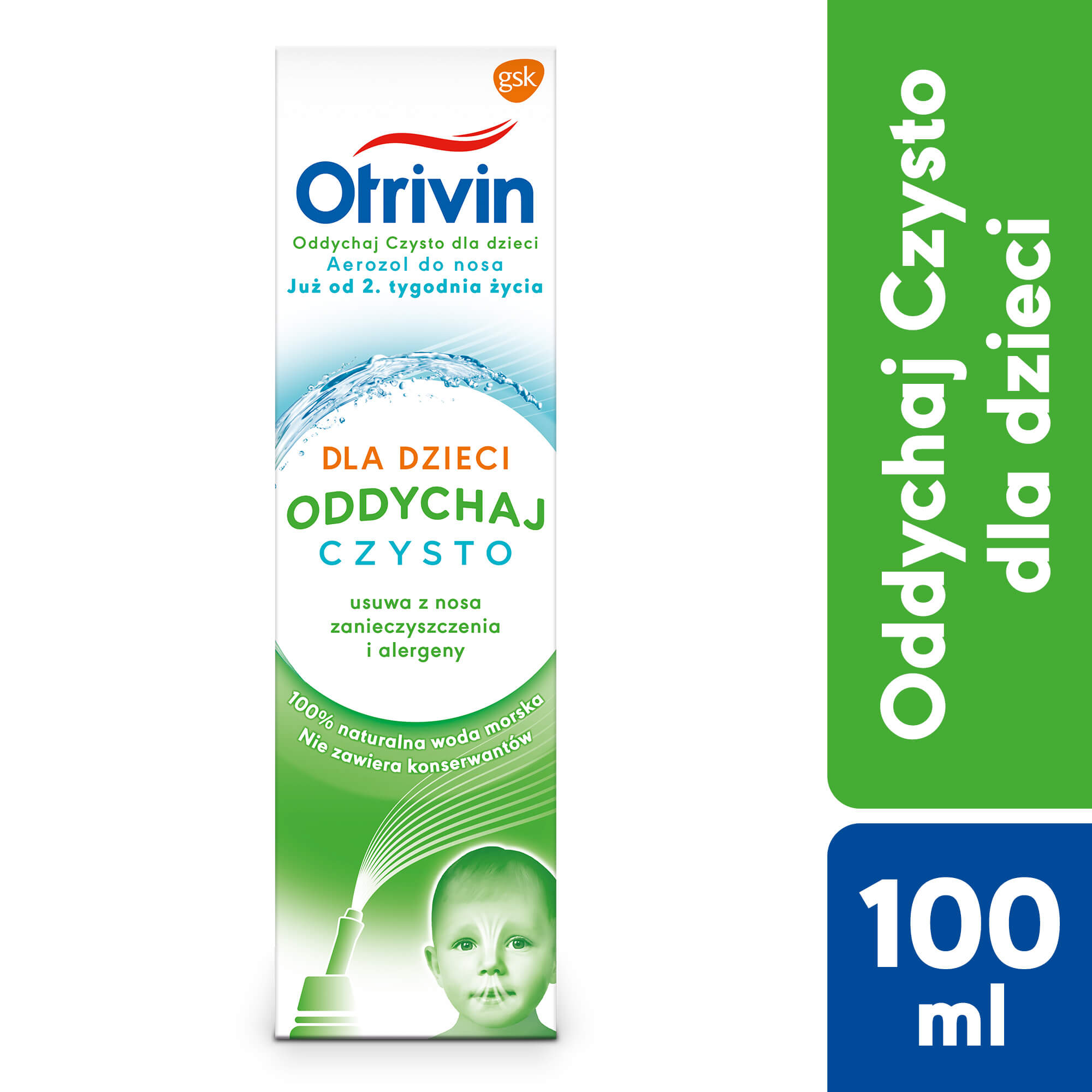 Otrivin Oddychaj Czysto dla dzieci, aerozol usuwający z nosa zanieczyszczenia i alergeny od 2. tygodnia życia, 100 ml
