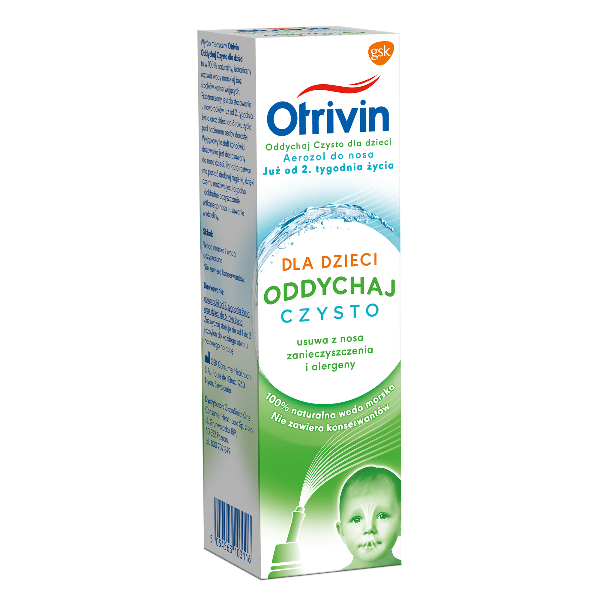 Otrivin Oddychaj Czysto dla dzieci, aerozol usuwający z nosa zanieczyszczenia i alergeny od 2. tygodnia życia, 100 ml