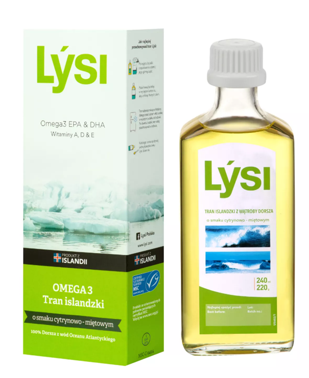 Lysi Tran islandzki, cytrynowo-miętowy, 240 ml
