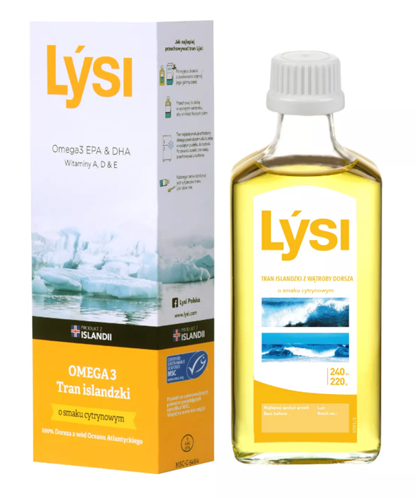 Lysi Tran Islandzki, cytrynowy, 240 ml