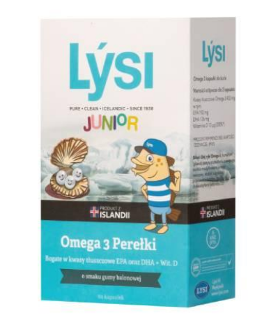 Lysi Junior Omega 3 , perełki o smaku gumy balonowej, 60 szt.
