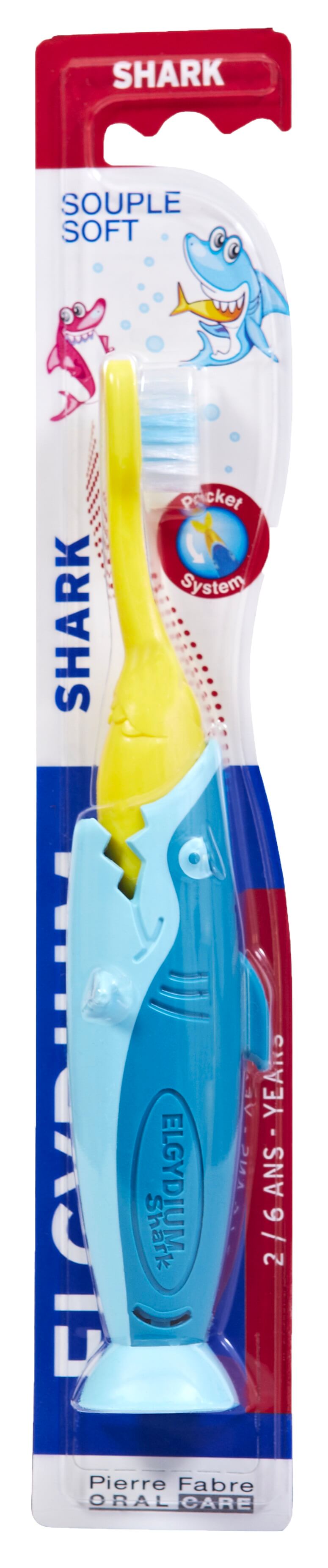 Elgydium Pocket Kids Shark , podróżna szczoteczka do zębów dla dzieci w wieku od 2 do 6 lat, 1 szt.