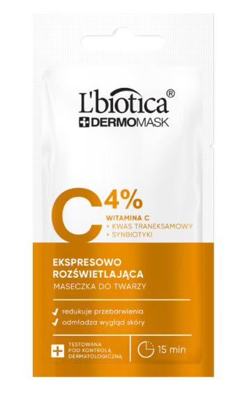 L'biotica Dermomask, ekspresowo rozświetlająca maska z witaminą C, 8 ml
