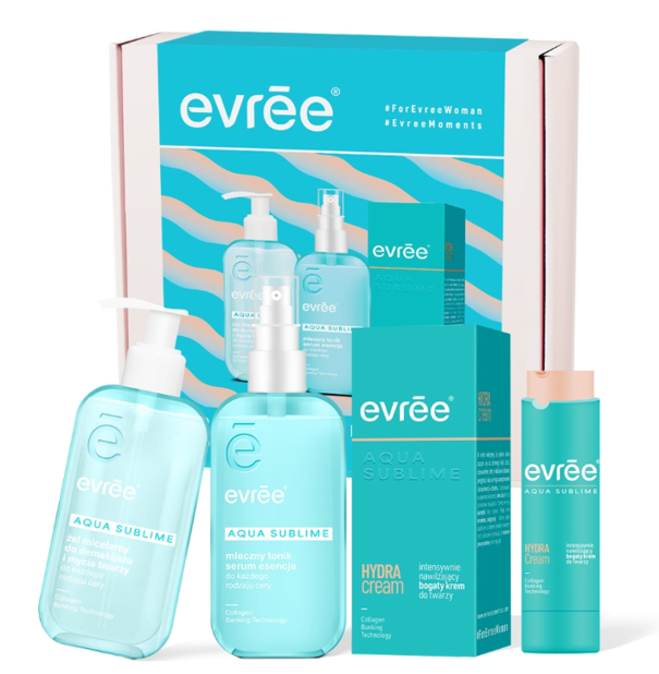 Evree Aqua Sublime, żel micelarny,200 ml + tonik, 200 ml + krem do twarzy, 45 ml