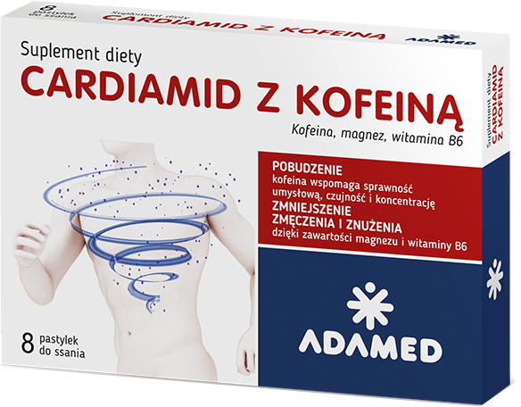 Cardiamid z Kofeiną, pastylki ze składnikami zmniejszającymi uczucie zmęczenia, o smaku cytrusowym, 8 szt.