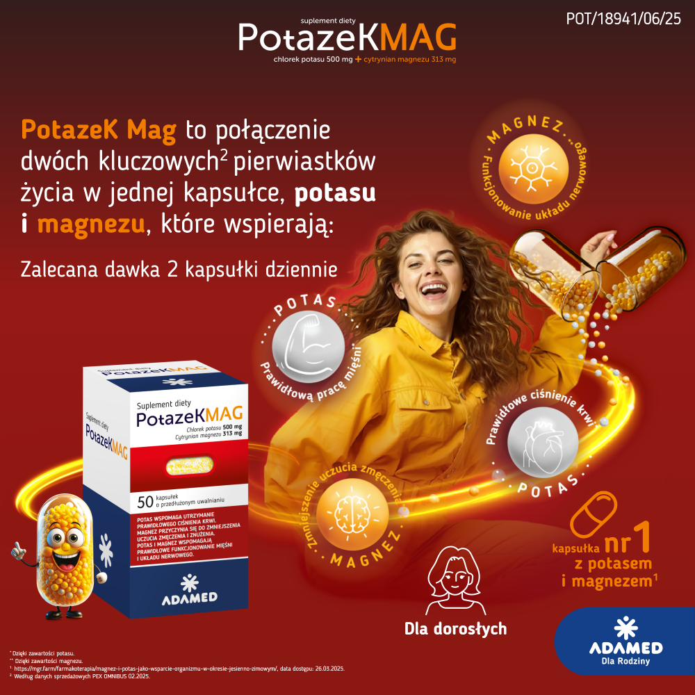 Potazek MAG, kapsułki z potasem i magnezem pomagającym utrzymać prawidłowe ciśnienie krwi, 50 szt.