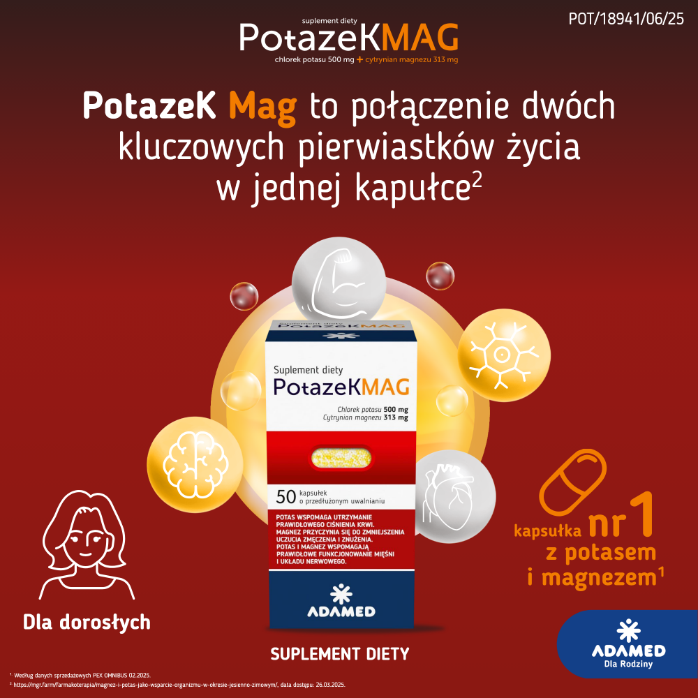Potazek MAG, kapsułki z potasem i magnezem pomagającym utrzymać prawidłowe ciśnienie krwi, 50 szt.