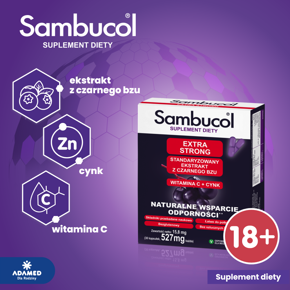 Sambucol Extra Strong, kapsułki ze składnikami wspierającymi układ odpornościowy dla dorosłych, 30 szt.