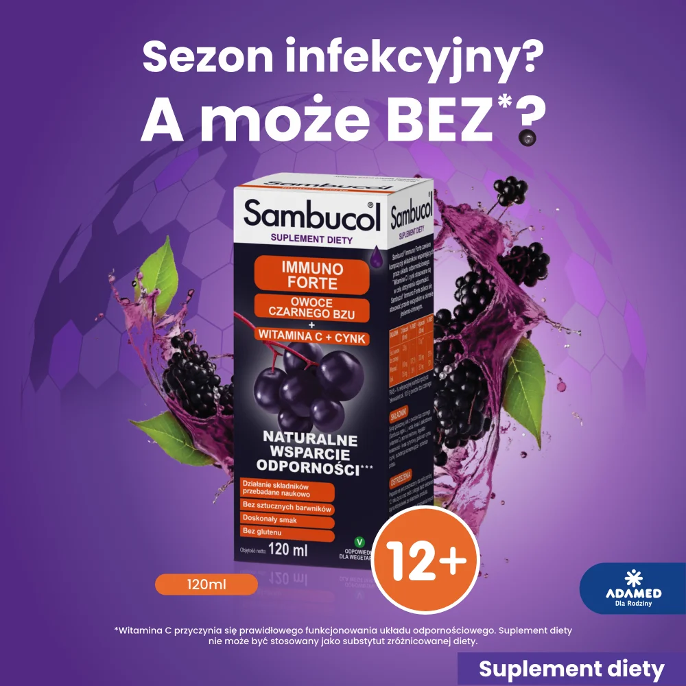 Sambucol Immuno Forte, syrop ze składnikami wspomagającymi odporność, 120 ml