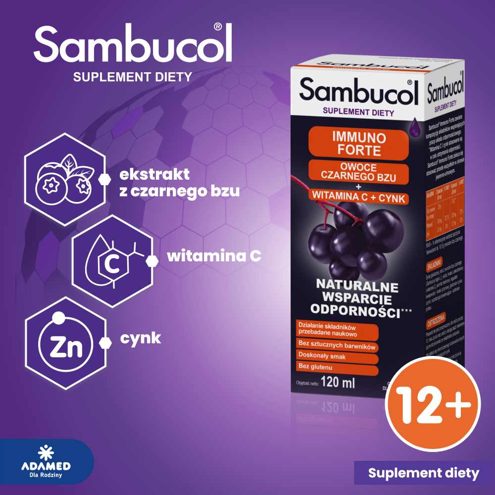 Sambucol Immuno Forte, syrop ze składnikami wspomagającymi odporność, 120 ml