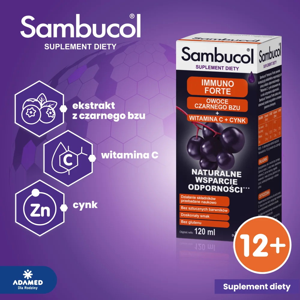 Sambucol Immuno Forte, syrop ze składnikami wspomagającymi odporność, 120 ml