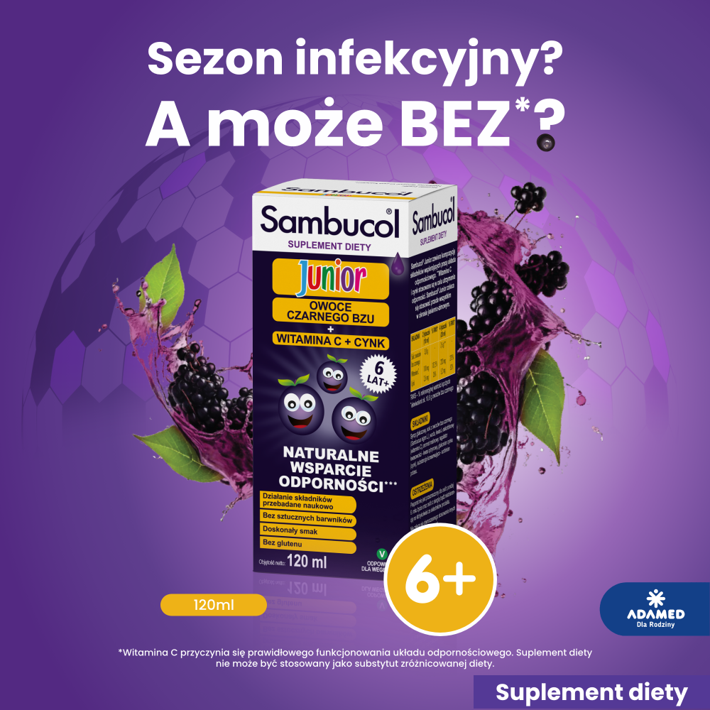Sambucol Junior, płyn ze składnikami wspomagającymi układ odpornościowy, 120 ml