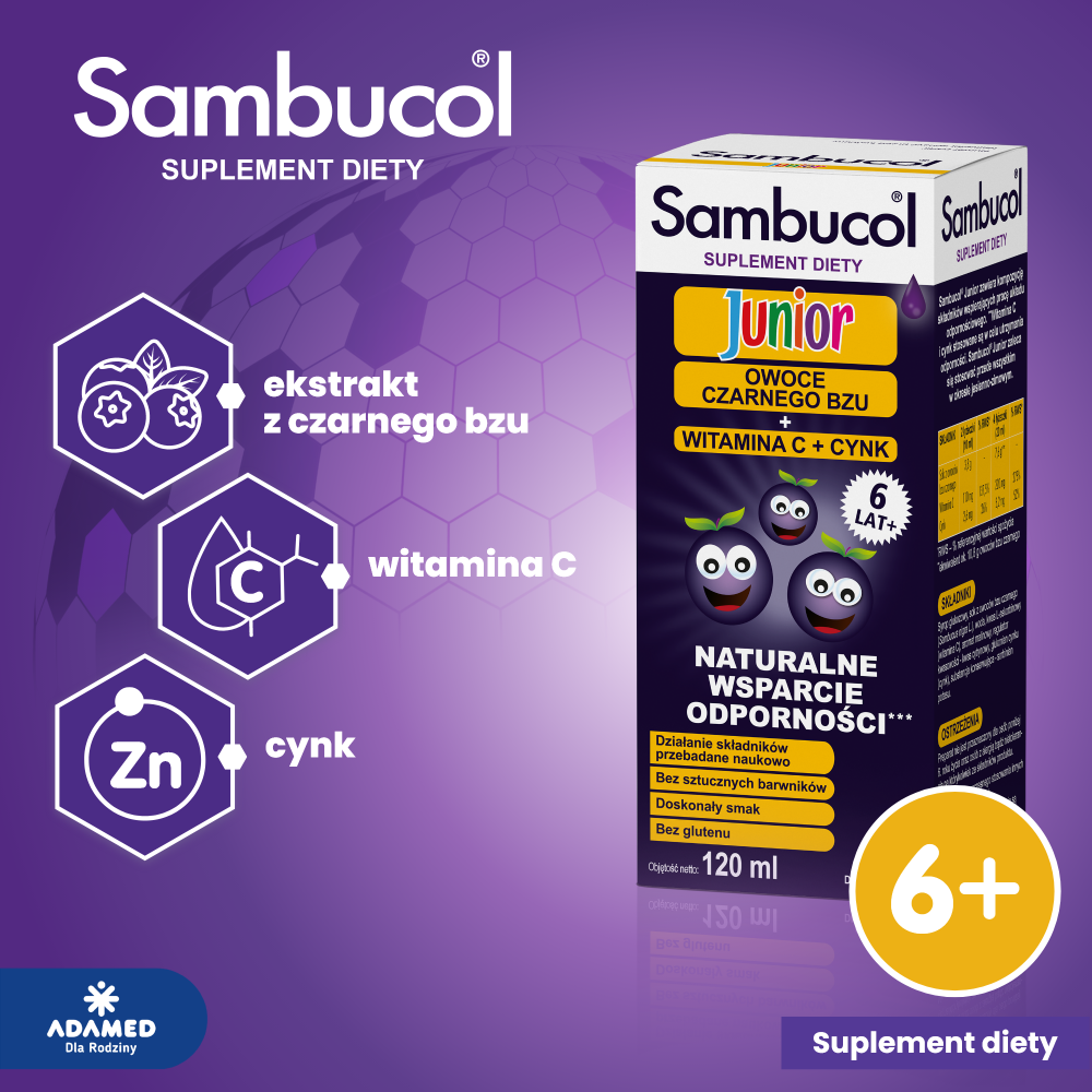 Sambucol Junior, płyn ze składnikami wspomagającymi układ odpornościowy, 120 ml
