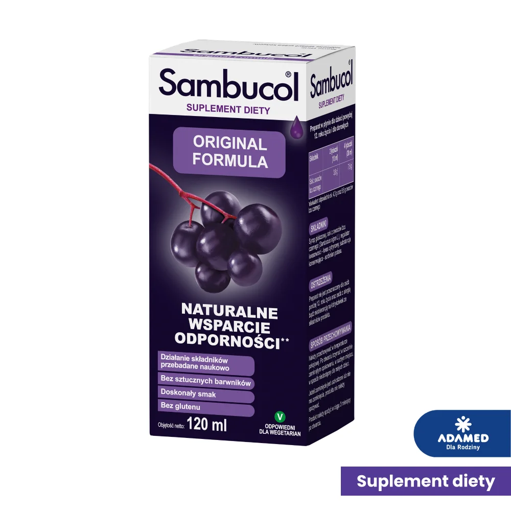 Sambucol Original Formula, płyn ze składnikami wspomagającymi prawidłowe funkcjonowanie układu odpornościowego, 120 ml