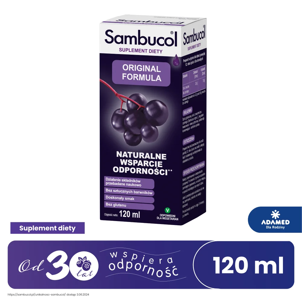 Sambucol Original Formula, płyn ze składnikami wspomagającymi prawidłowe funkcjonowanie układu odpornościowego, 120 ml