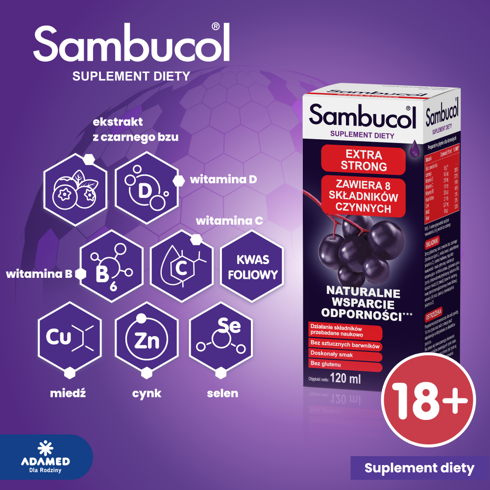 Sambucol Extra Strong, płyn ze składnikami wzmacniającymi odporność dla osób dorosłych, 120 ml