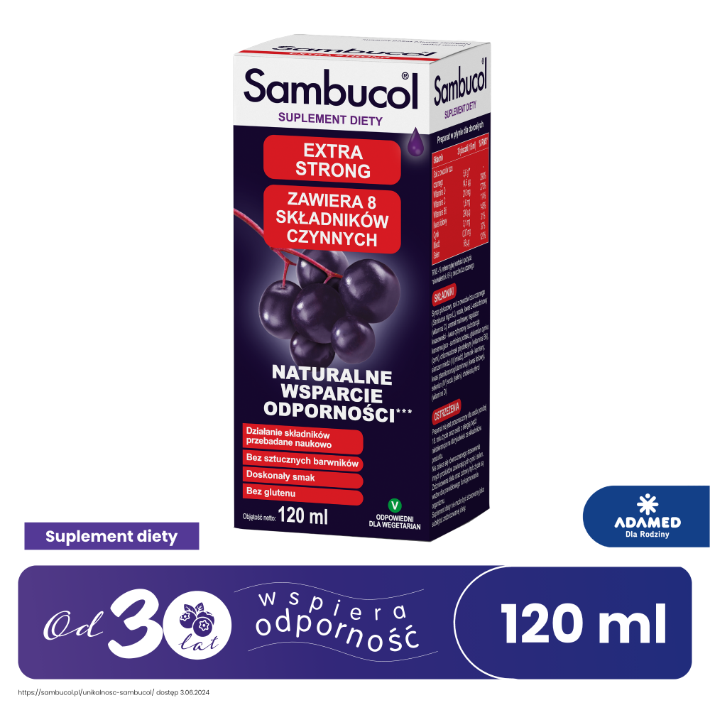 Sambucol Extra Strong, płyn ze składnikami wzmacniającymi odporność dla osób dorosłych, 120 ml