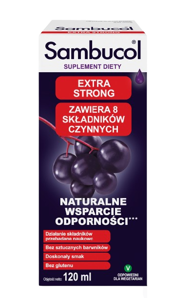 Sambucol Extra Strong, płyn ze składnikami wzmacniającymi odporność dla osób dorosłych, 120 ml