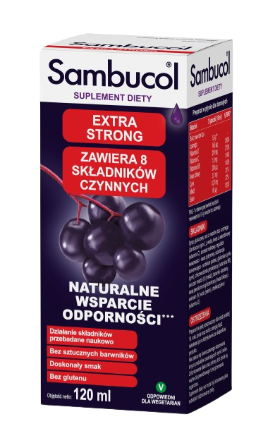 Sambucol Extra Strong, płyn ze składnikami wzmacniającymi odporność dla osób dorosłych, 120 ml