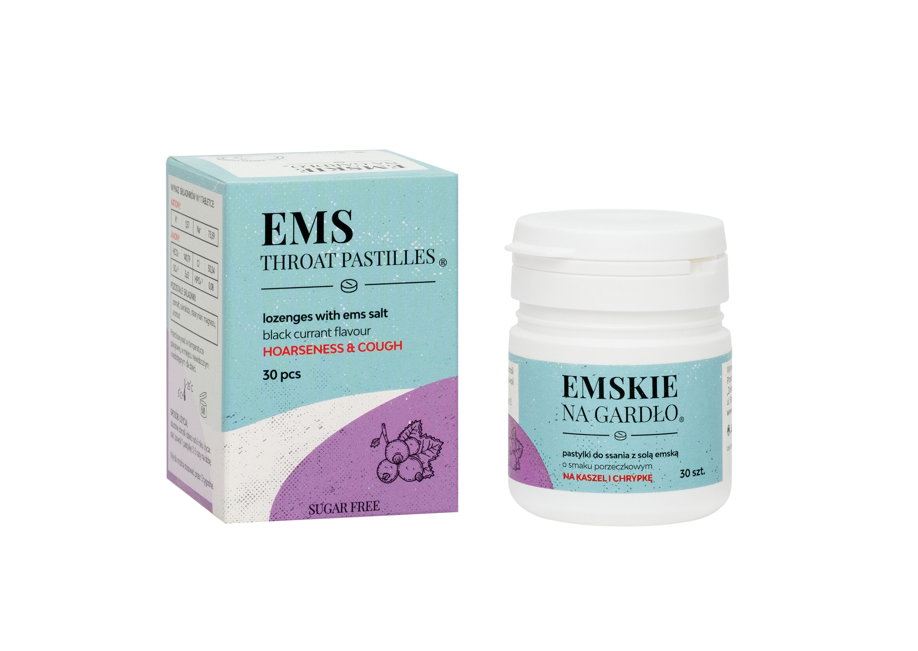 Emskie na gardło pastylki do ssania na kaszel, chrypkę o smaku porzeczkowym, 30 szt.