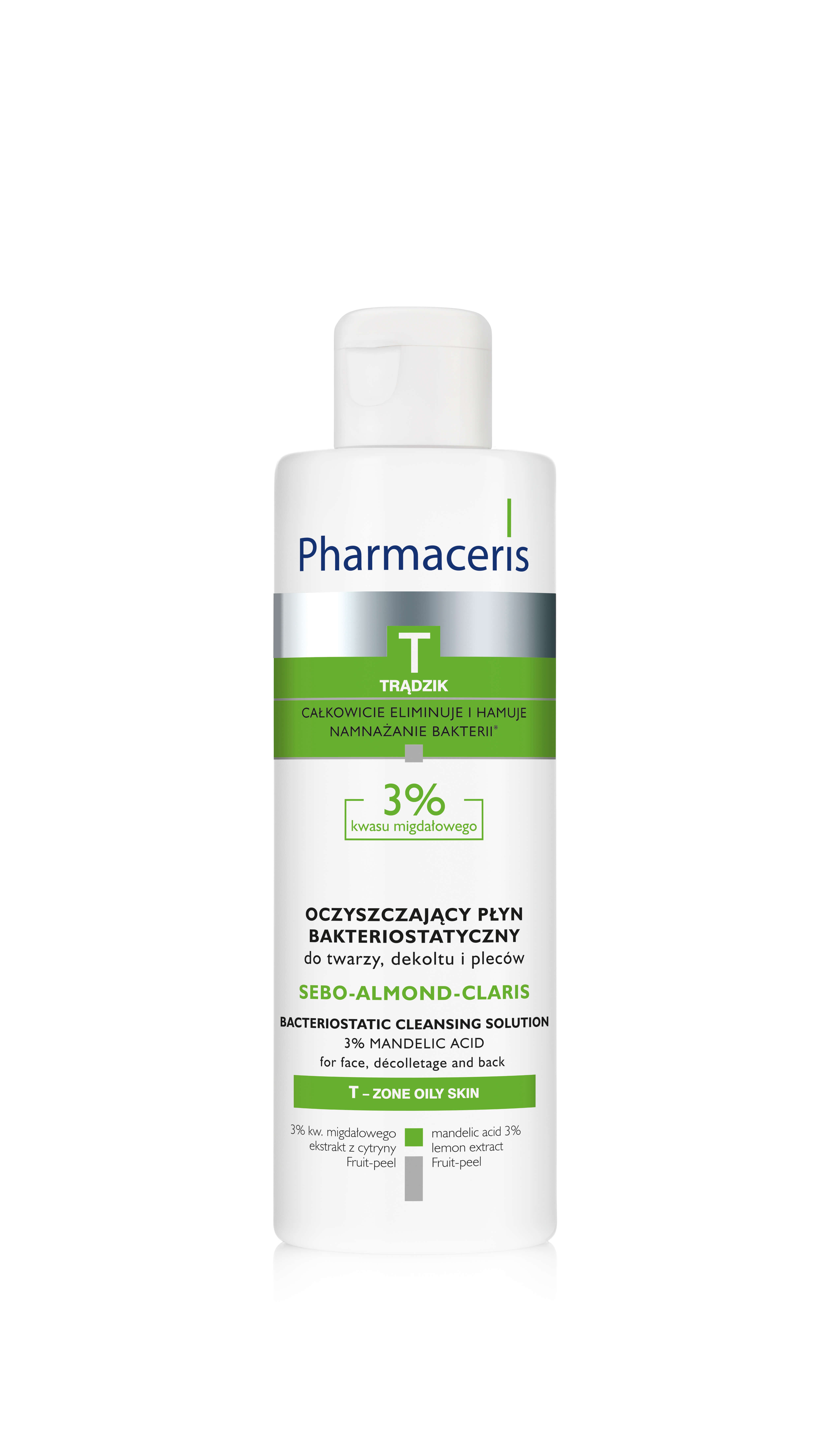 Pharmaceris T Sebo-Almond-Claris , oczyszczający płyn bakteriostatyczny do twarzy, dekoltu i pleców, 190 ml