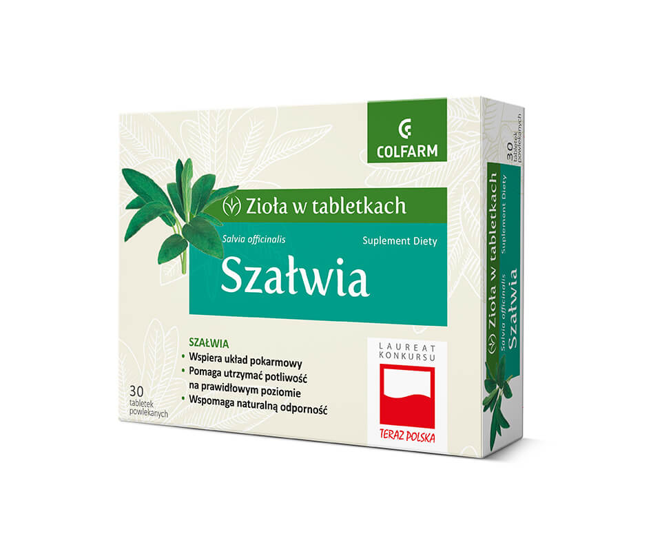 Zioła w tabletkach Szałwia, tabletki powlekane ze składnikami wspierającymi układ pokarmowy, 30 szt.