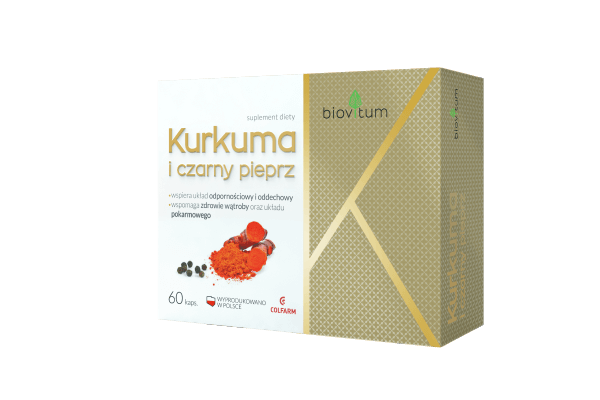 Biovitum Kurkuma i czarny pieprz, kapsułki ze składnikami wspierającymi układ odpornościowy i pokarmowy, 60 szt.